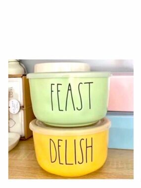 NEW Rae Dunn Pastel Yellow Feast and Pastel Green Delish Food Storage Containers